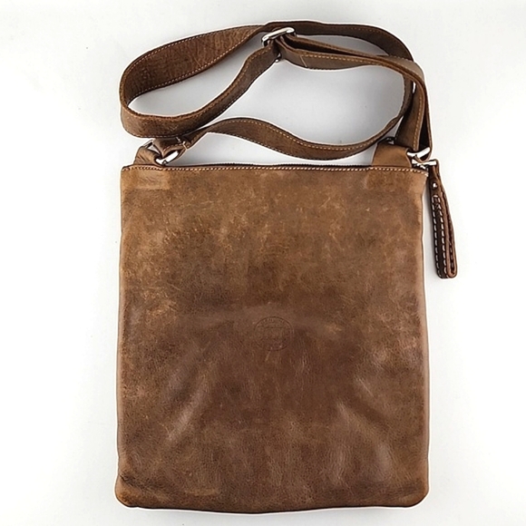 ROOTS Tan Leather Vintage Crossbody Bag Purse Multi Pockets Adjustable Strap - Picture 3 of 16